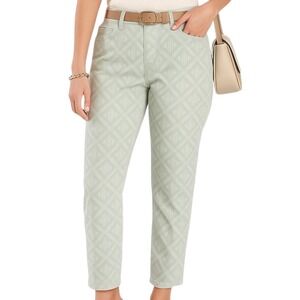 NYDJ Ankle Pants Lift Tuck Pastel Mint Green White Diamond Geometric Size 6 Jean